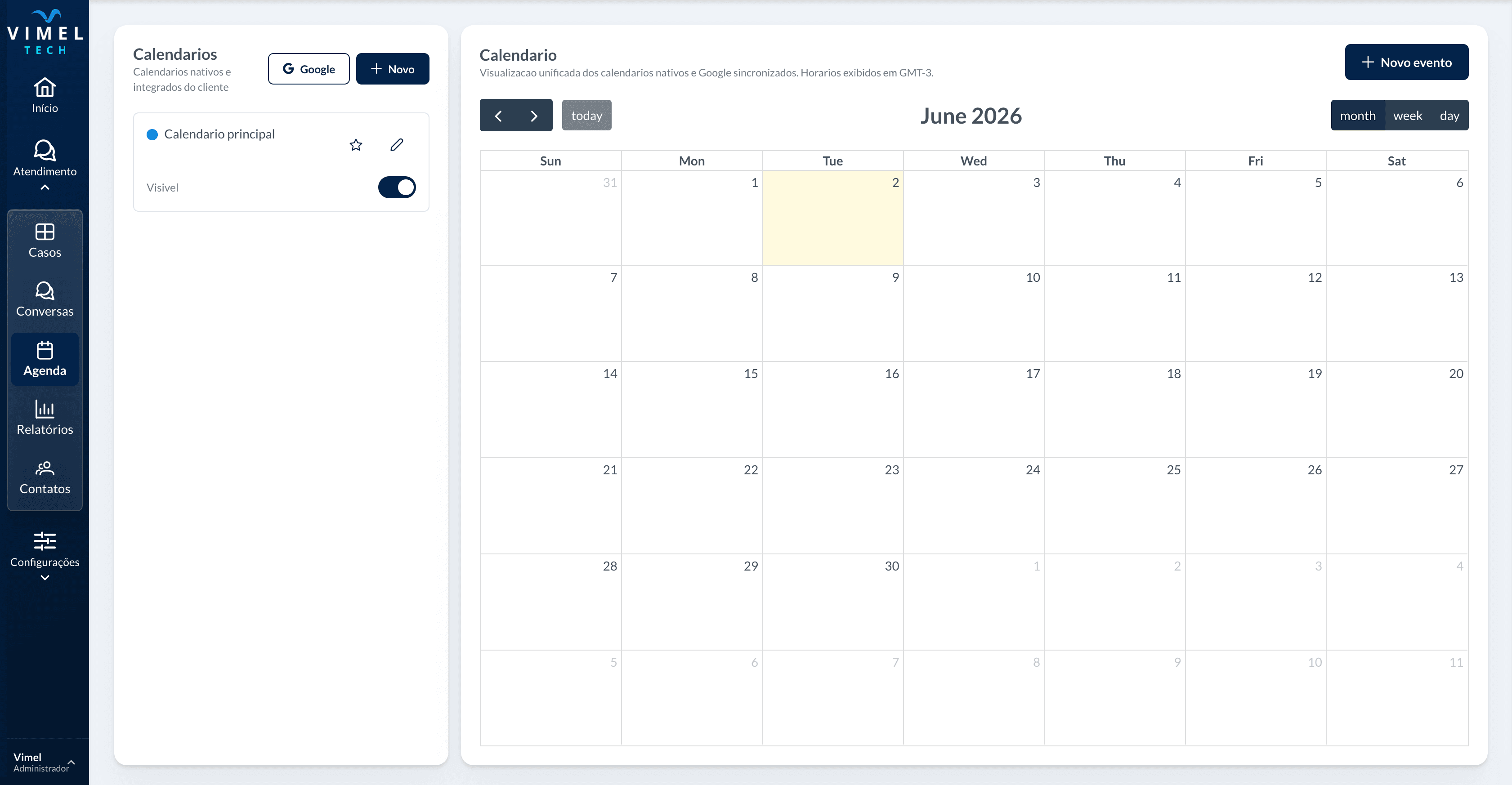 Agenda do Vimel CRM com horários por profissional sincronizados com o Google Agenda