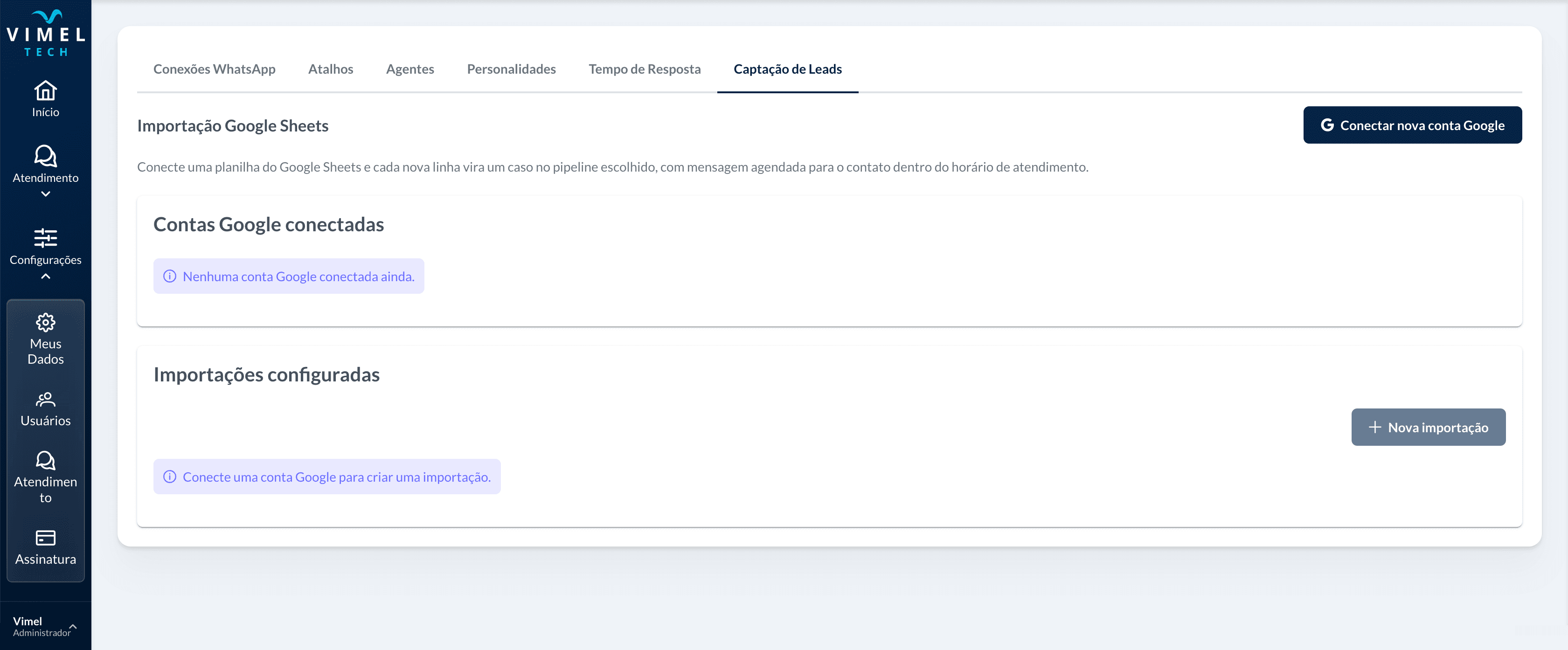 Tela de integração do Vimel CRM com o Google Planilhas para importação de contatos