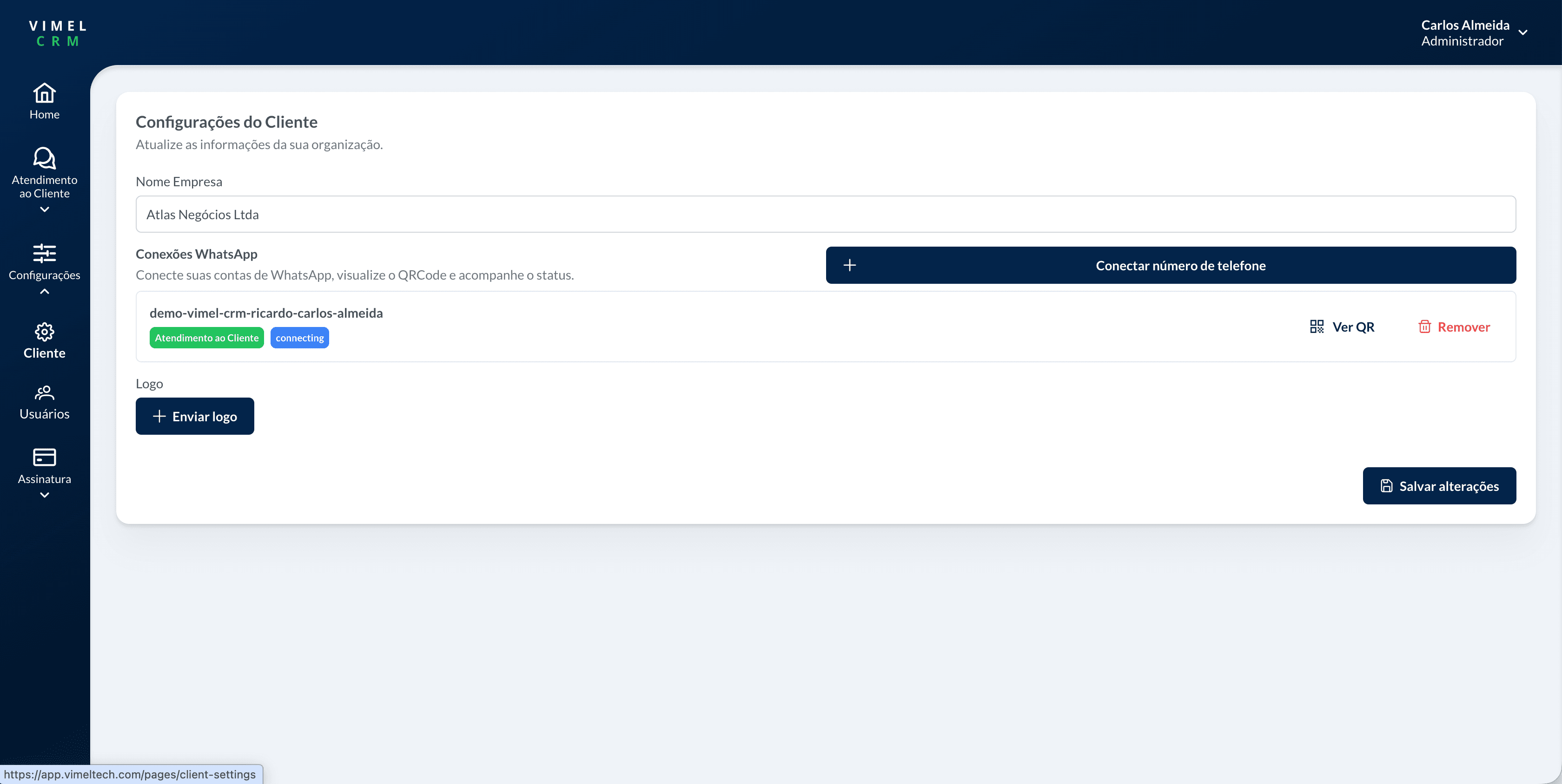 Tela de configurações do cliente com conexões de WhatsApp e ajustes da conta.