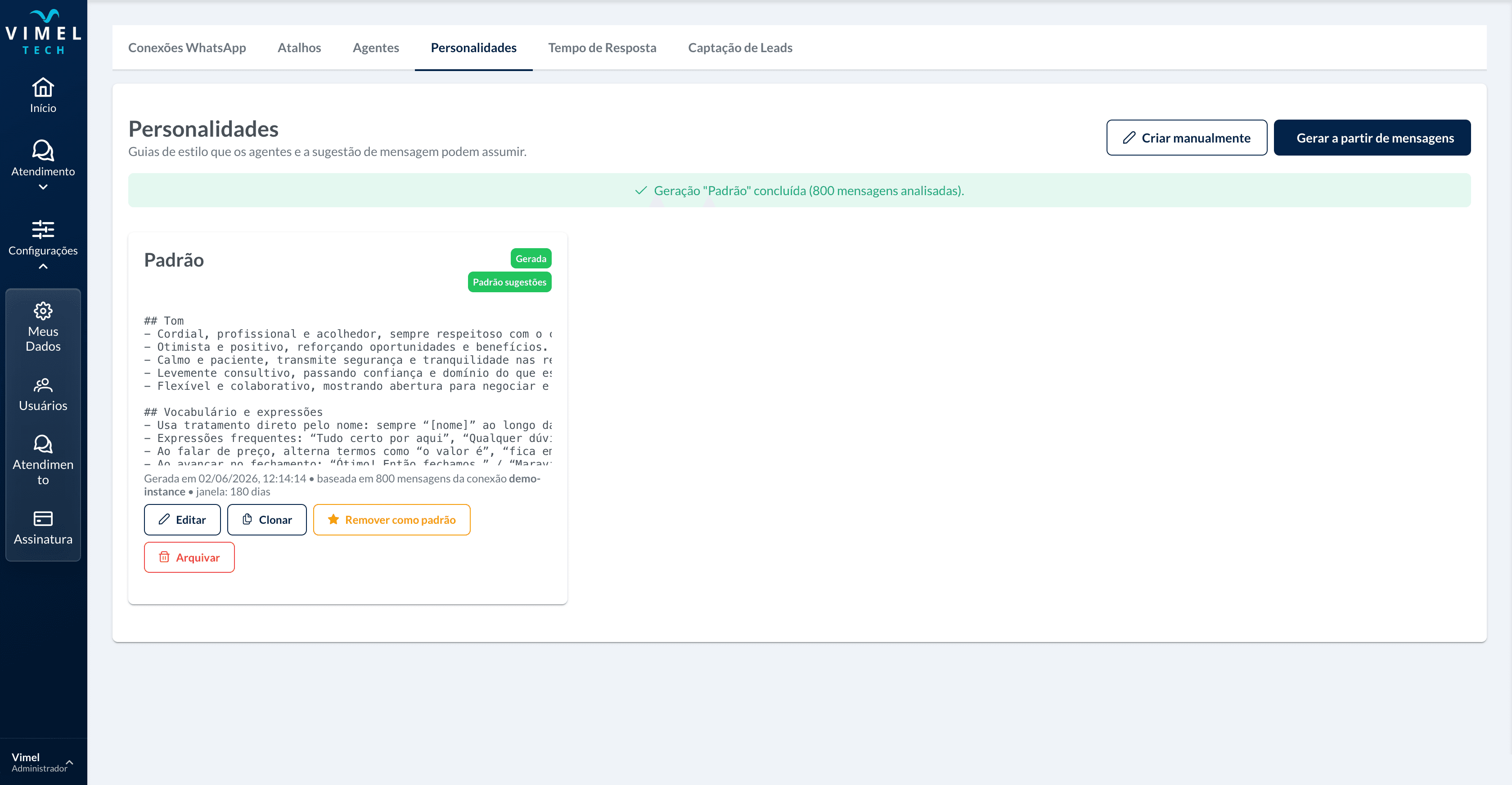 Tela de configuração da personalidade da IA no Vimel CRM, com o tom de voz e os limites descritos