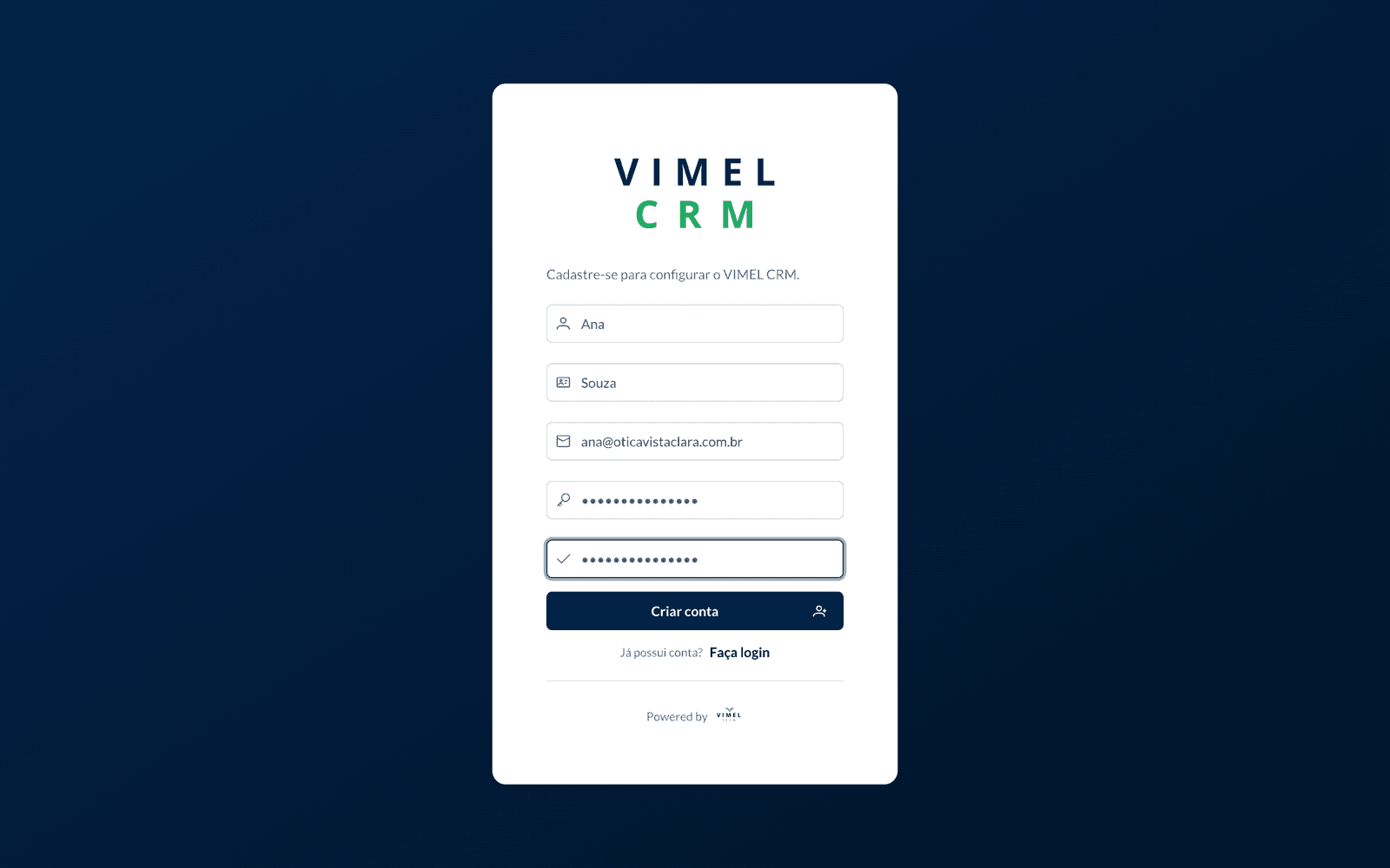Tela de cadastro do Vimel CRM com nome, e-mail e senha
