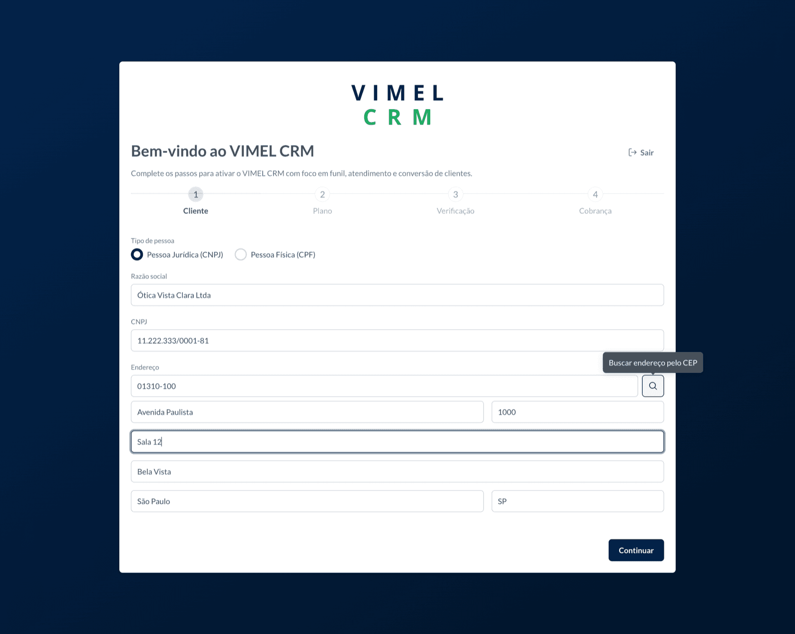 Assistente de configuração do Vimel CRM na etapa de dados da empresa