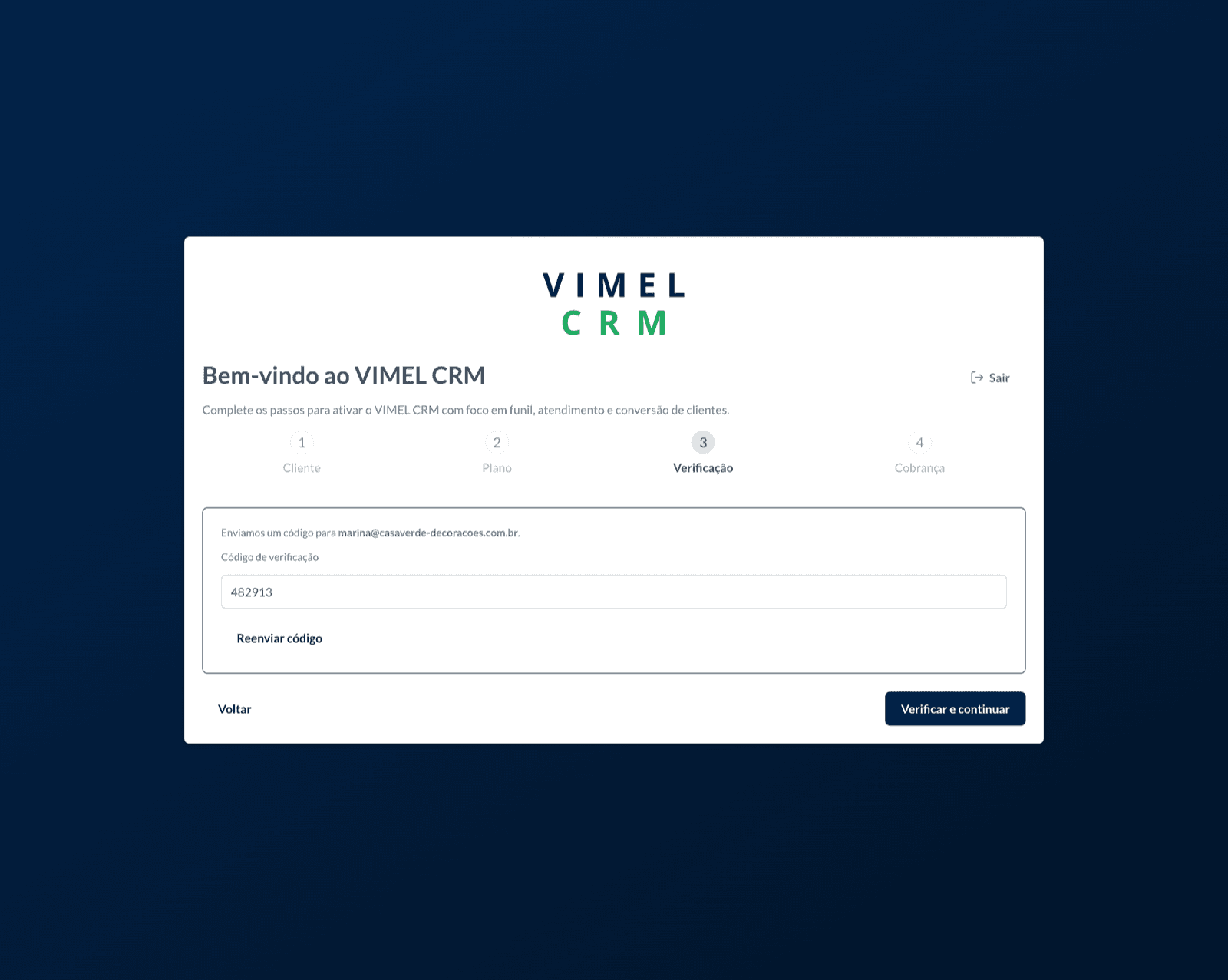 Etapa de verificação de e-mail do Vimel CRM com campo para o código