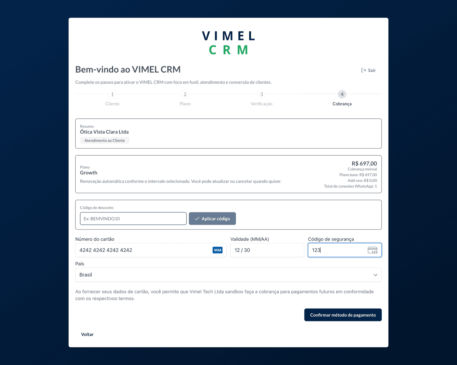 Etapa de cobrança do Vimel CRM com resumo do plano e formulário de cartão