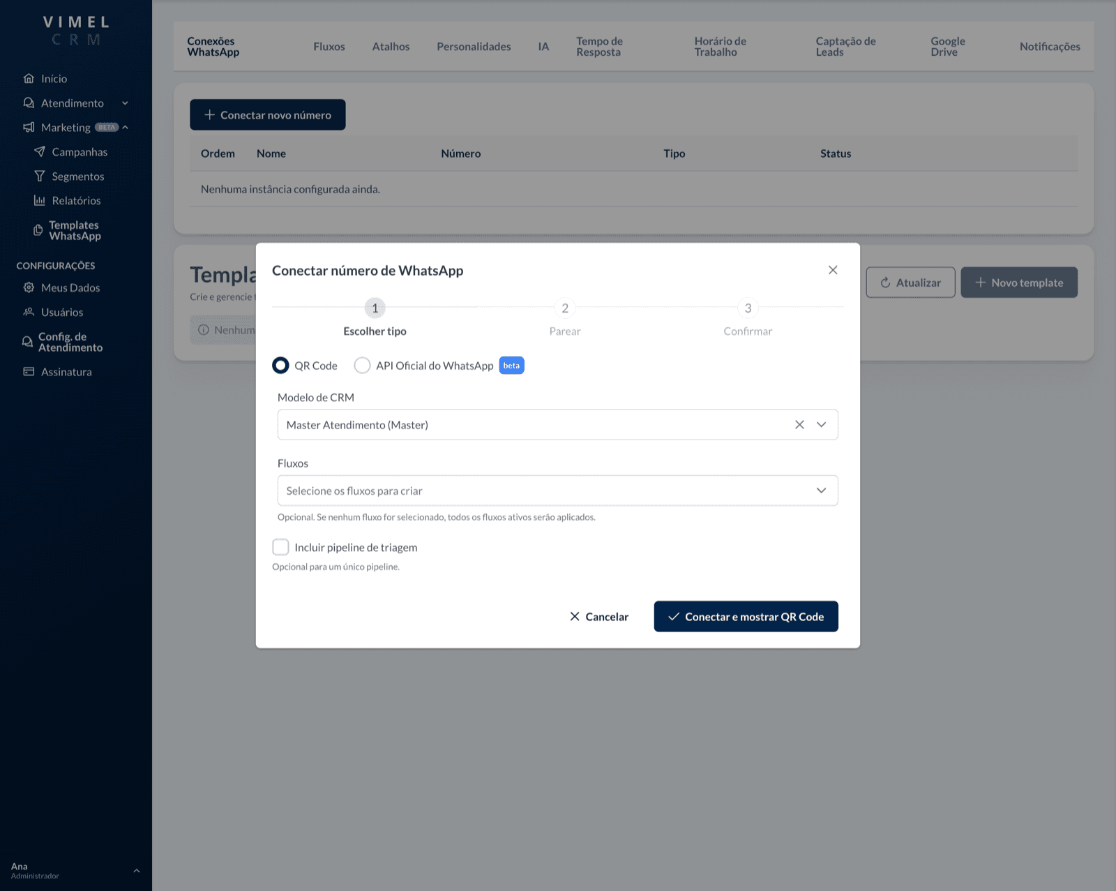 Diálogo do Vimel CRM para conectar um novo número de WhatsApp