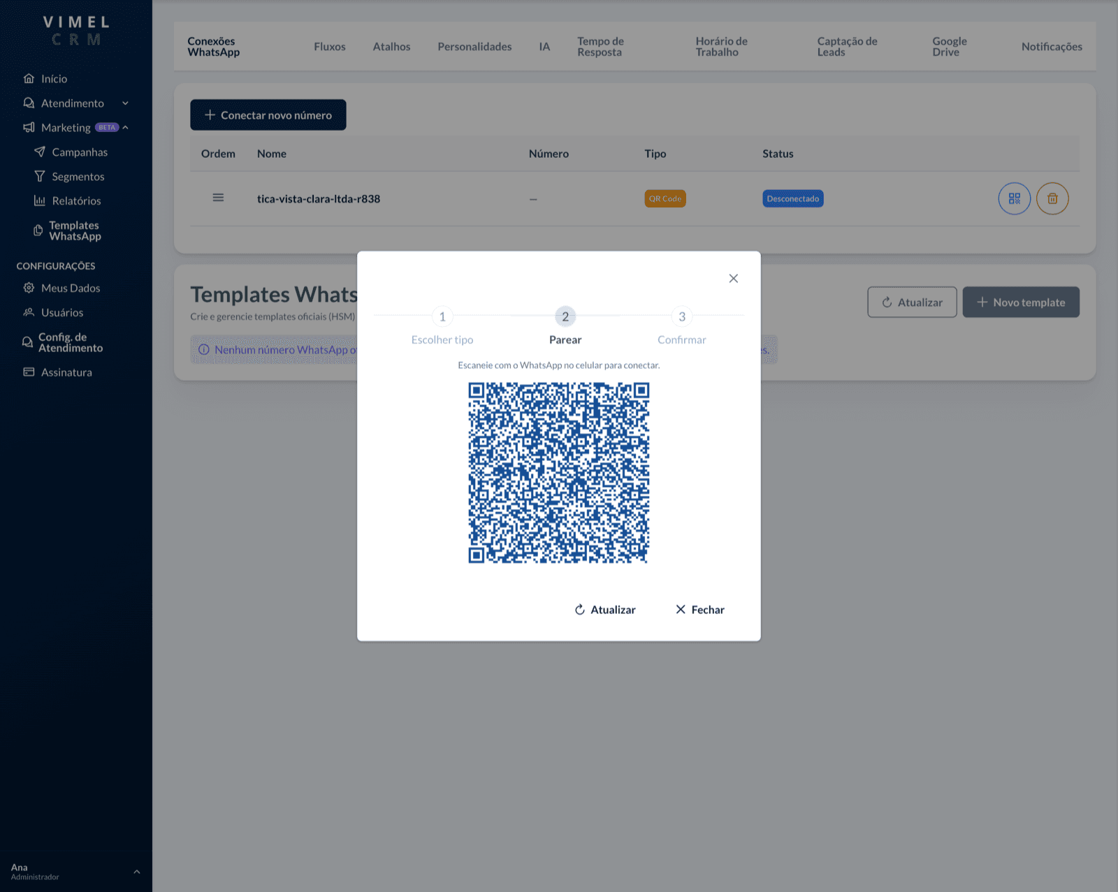 QR Code do Vimel CRM para parear o WhatsApp