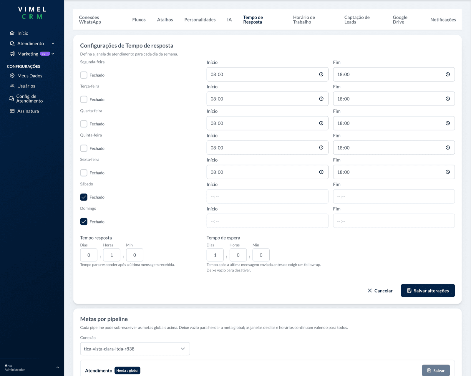 Configuração de tempo de resposta e horário de atendimento do Vimel CRM