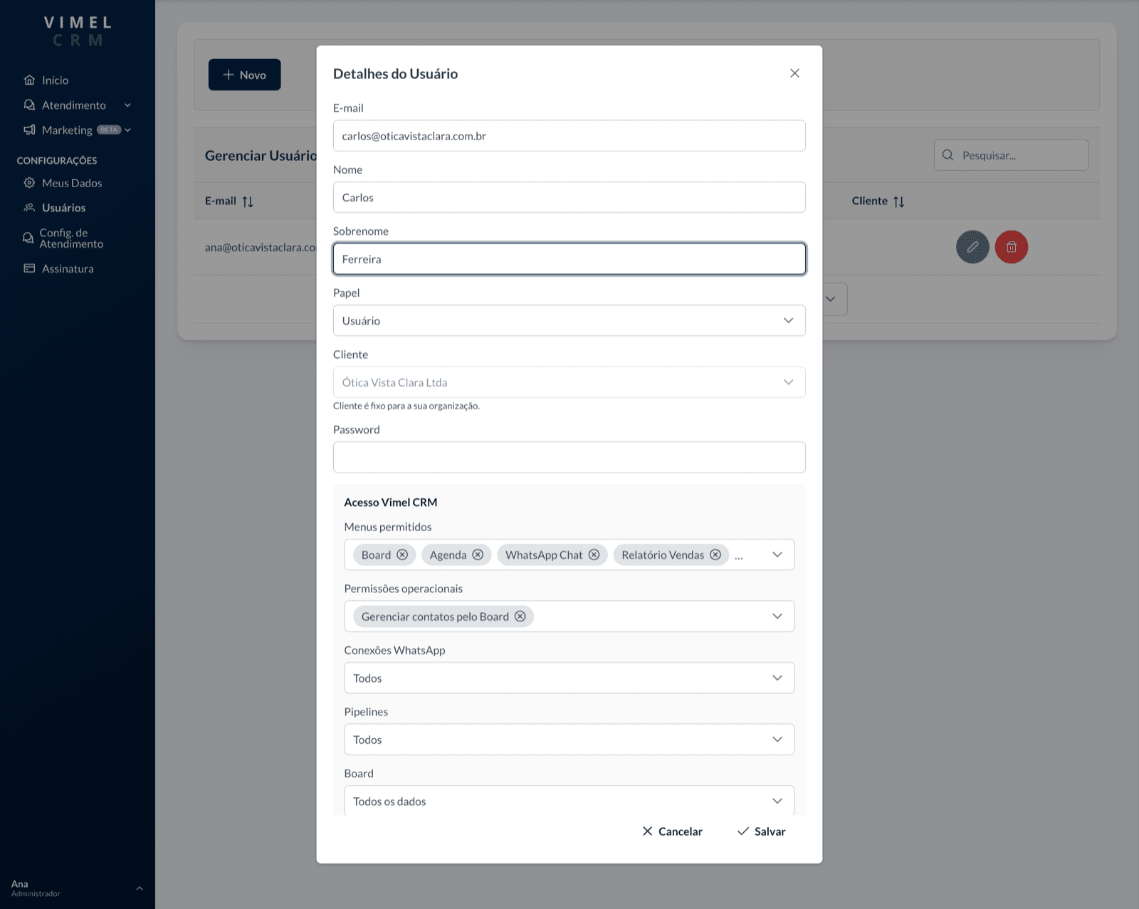 Cadastro de novo usuário e permissões no Vimel CRM