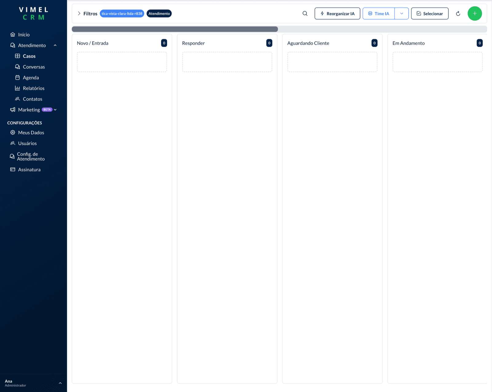 Quadro de casos (Kanban) do Vimel CRM com as colunas do funil